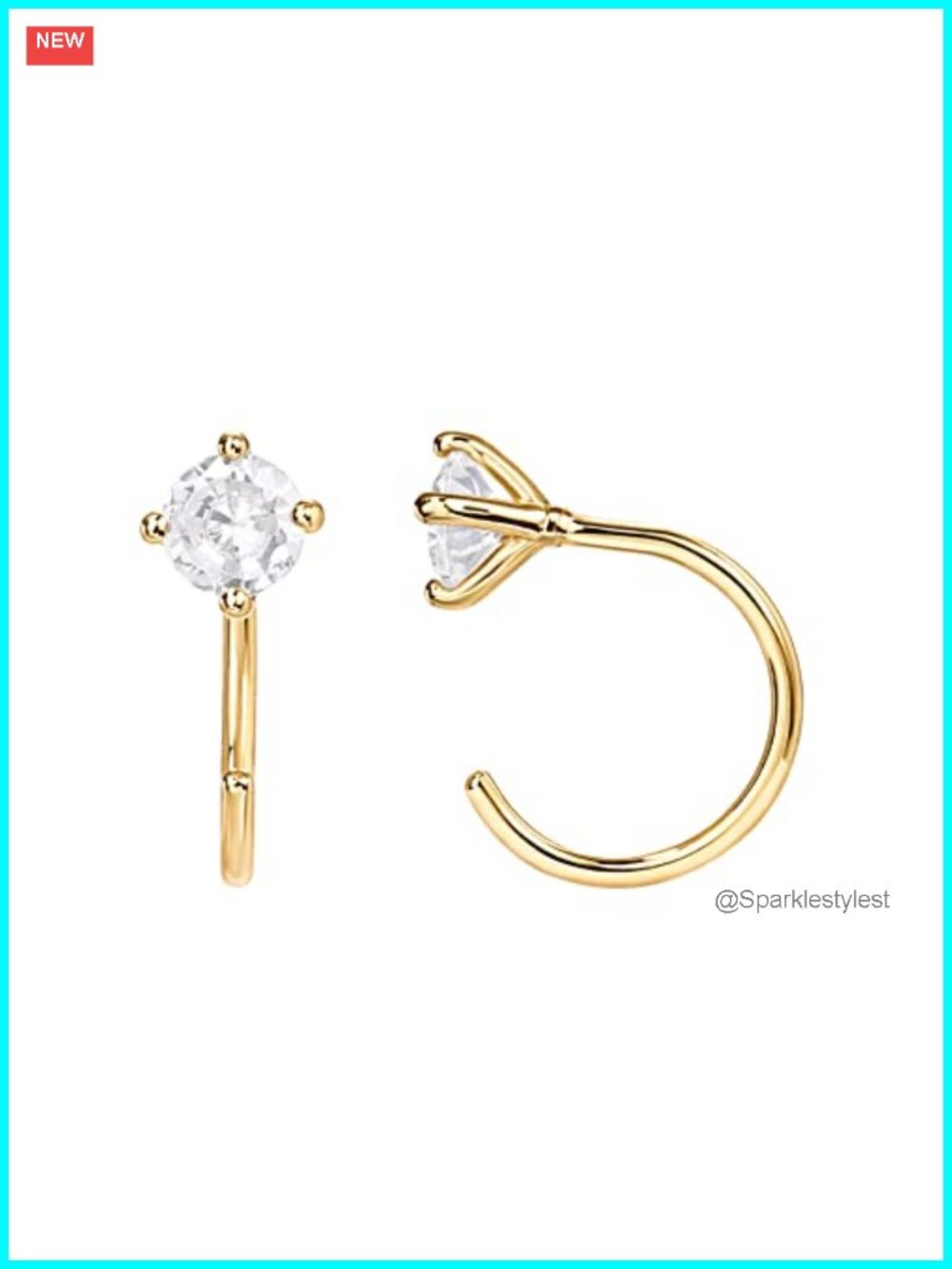 Small Half Hoop Earrings 14K Gold Plated Open Hoop Cubic Zirconia 9.5mm